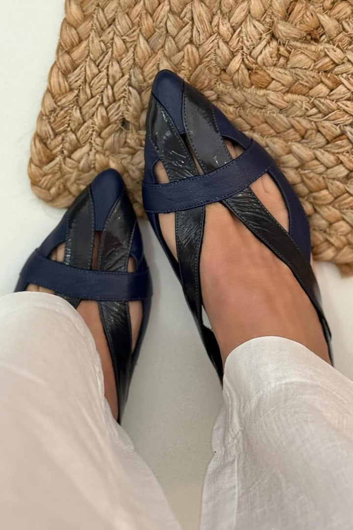Navy Blue Pointed Toe Slingback Cut-Out Patchwork Ballerinas