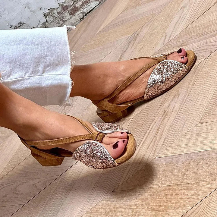 Brown Glitter Patchwork Flat Sandals