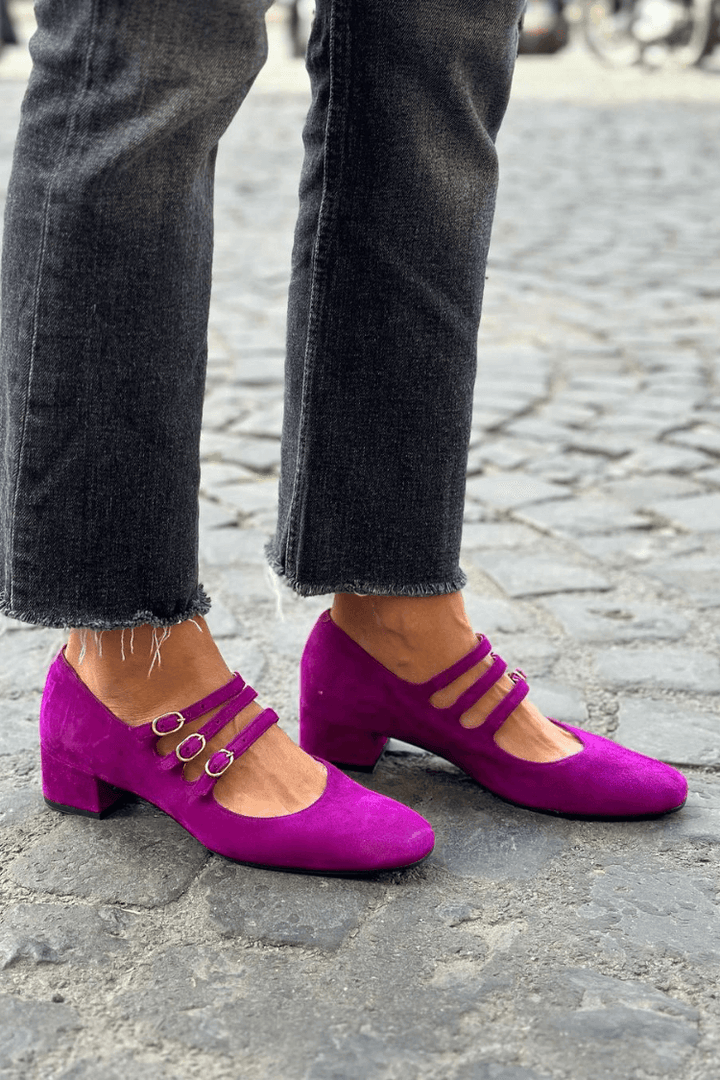 Wide Purple Square Toe Heels with Buckle
