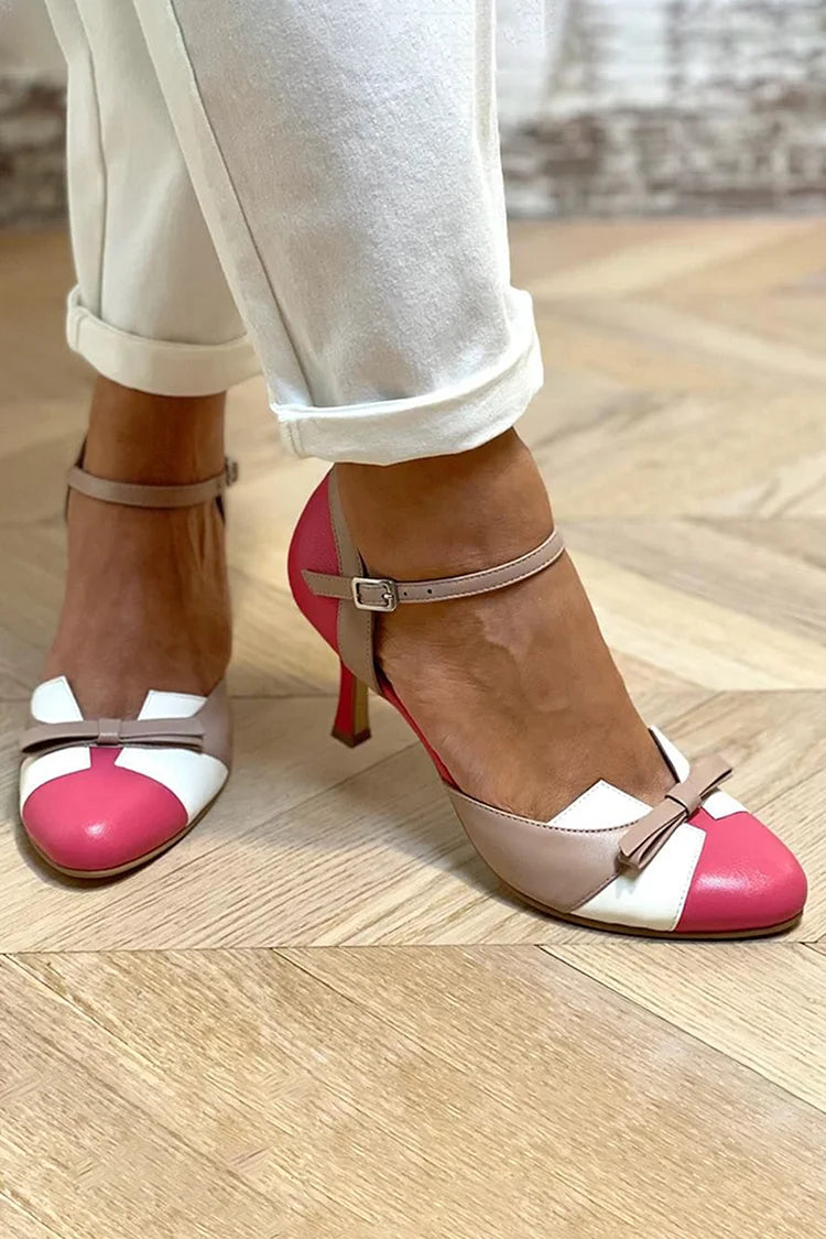 Fuchsia Colour Block Patchwork Round Toe Stiletto Heels with Bow