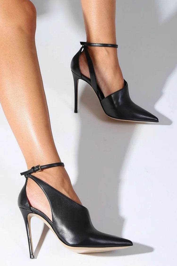 Black Pointed Cut-Out Stiletto Heels with Ankle Strap and Buckle