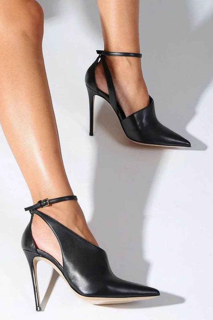Black Pointed Cut-Out Stiletto Heels with Ankle Strap and Buckle