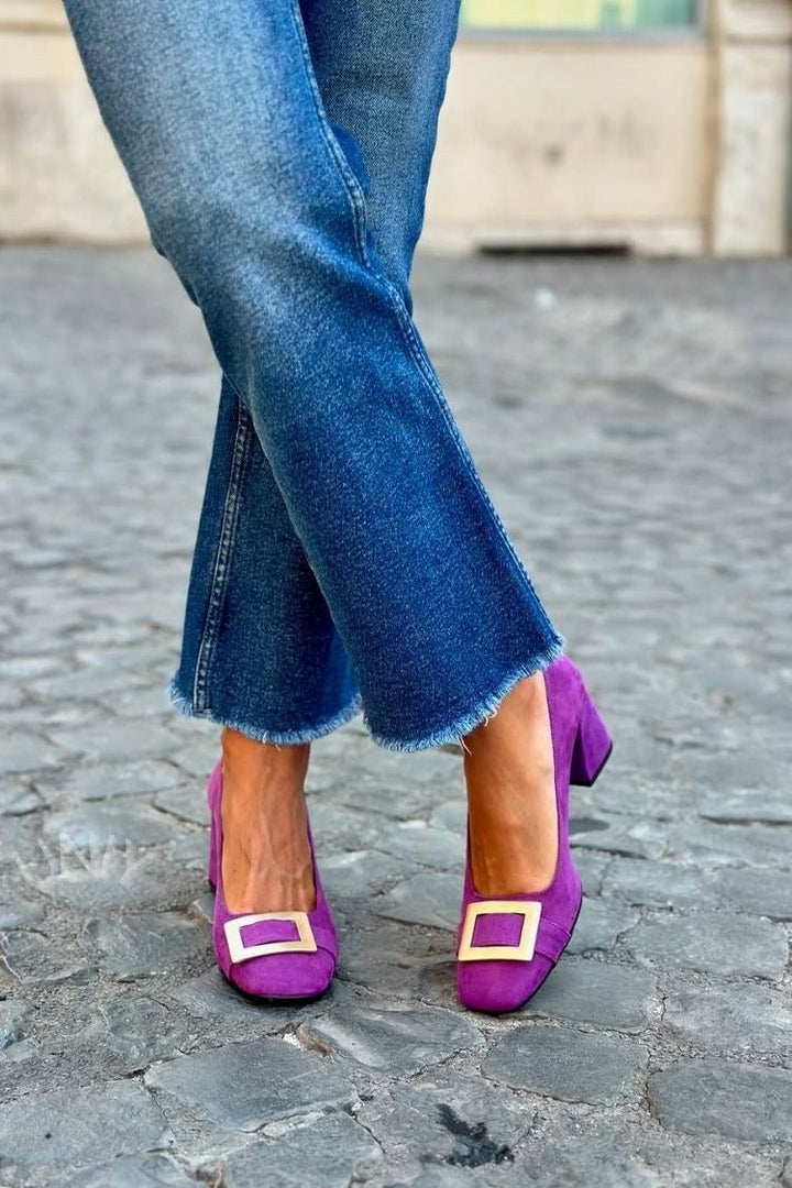 Wide Patchwork Navy Blue Square Toe Heels
