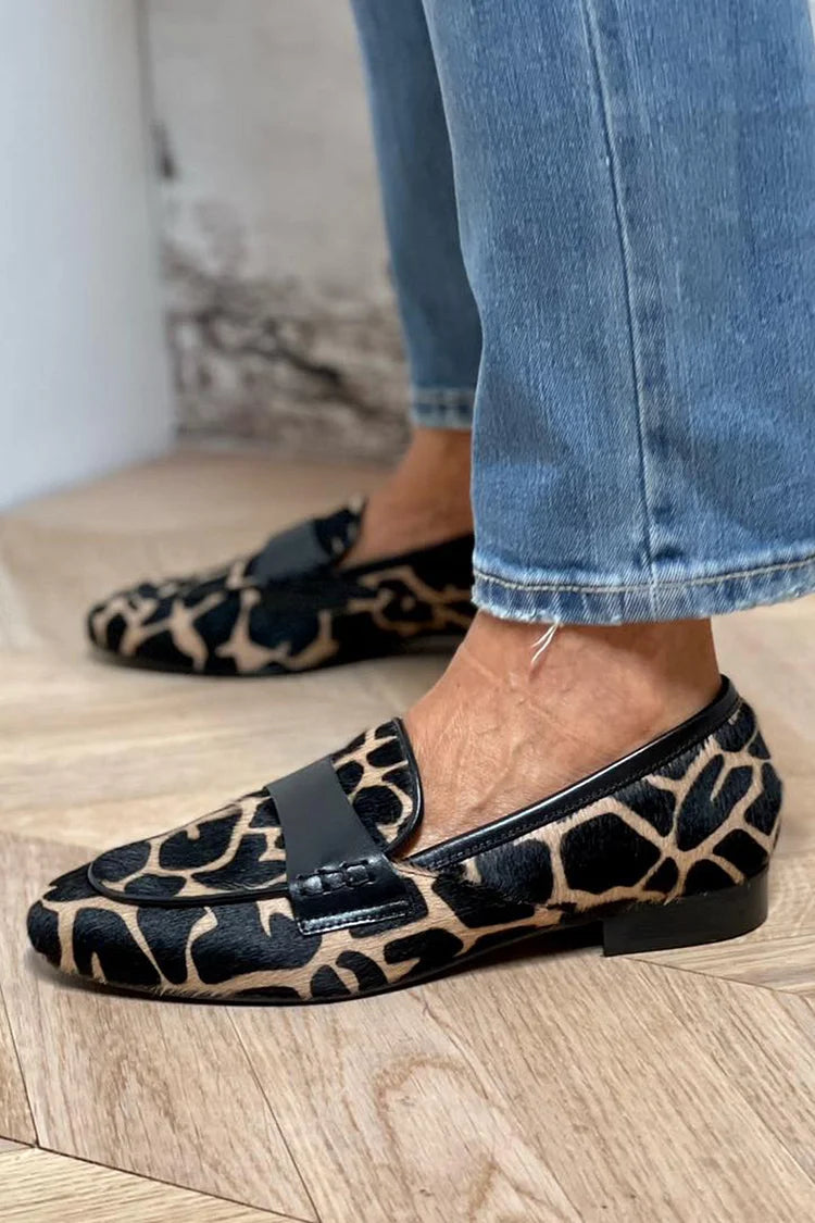 Colour block cow print round toe slip-on loafers