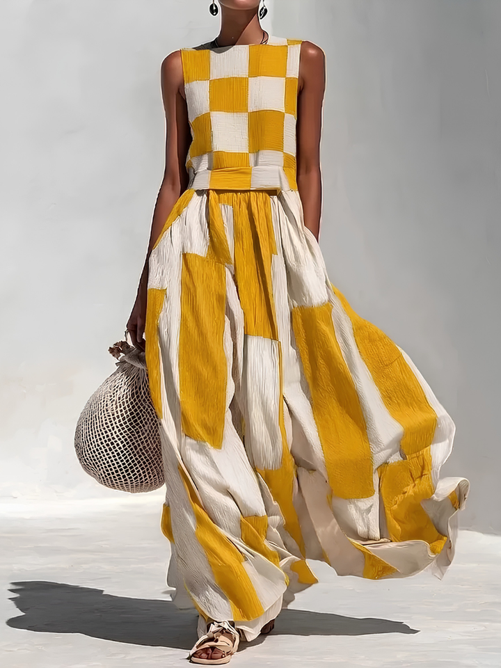 Ardenne™ | Plaid and Stripe Panelled Sleeveless Maxi Dress