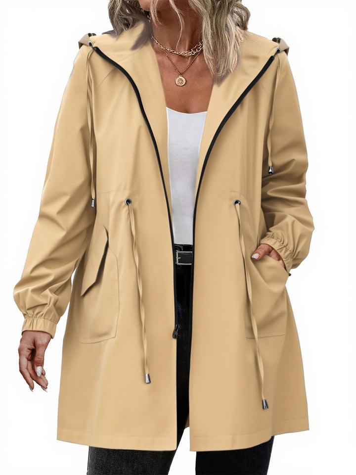 Lightweight hooded zip jacket in beige with drawstring waist and front pockets