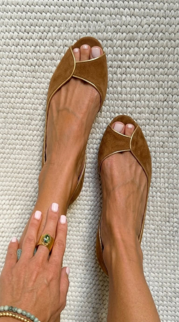 Penny - Beige and Gold Suede Open-Toe Flats