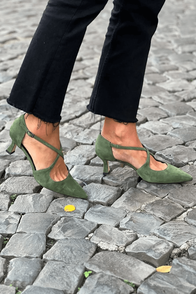 Green Suede Pointed Kitten Heels with Crossed Straps