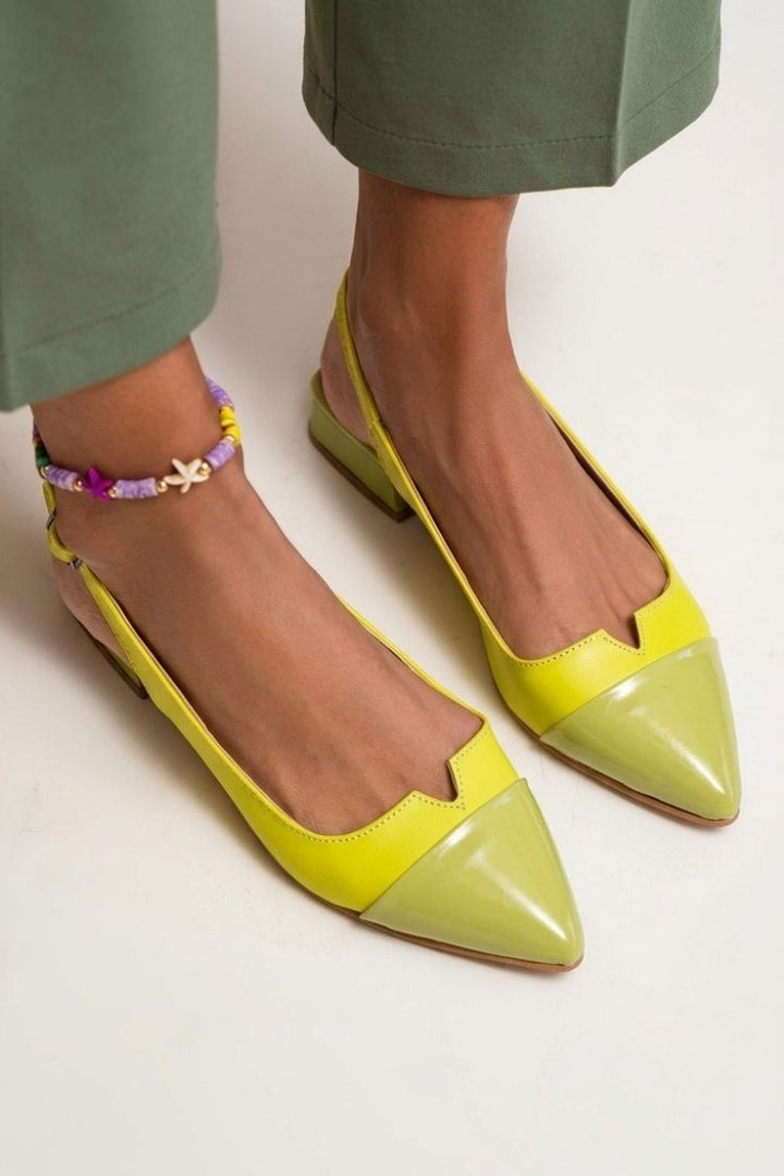 Pointed toe colour block cut-out slingback ballerinas with buckle
