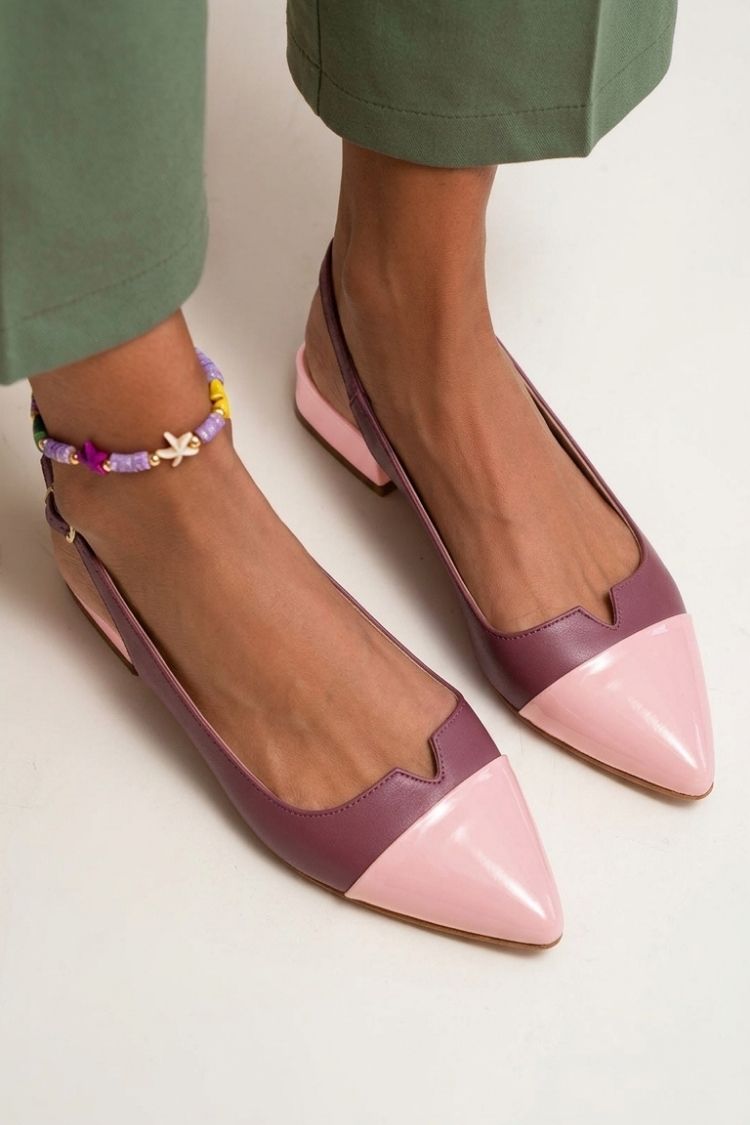 Pointed toe colour block cut-out slingback ballerinas with buckle