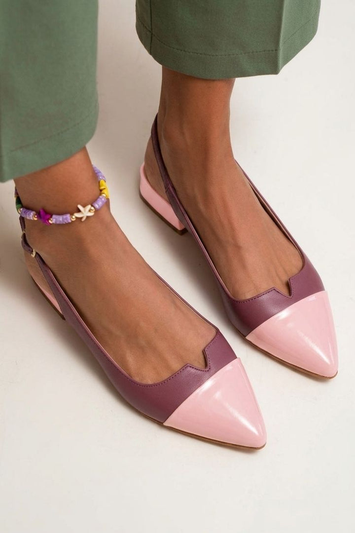Pointed toe colour block cut-out slingback ballerinas with buckle