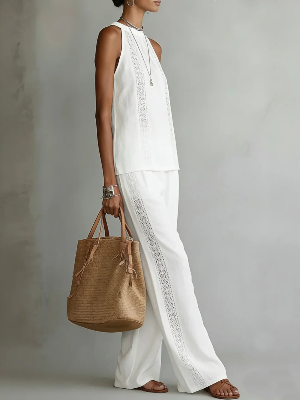 White halter two-piece set, sleeveless top with lace trim and wide-leg pants
