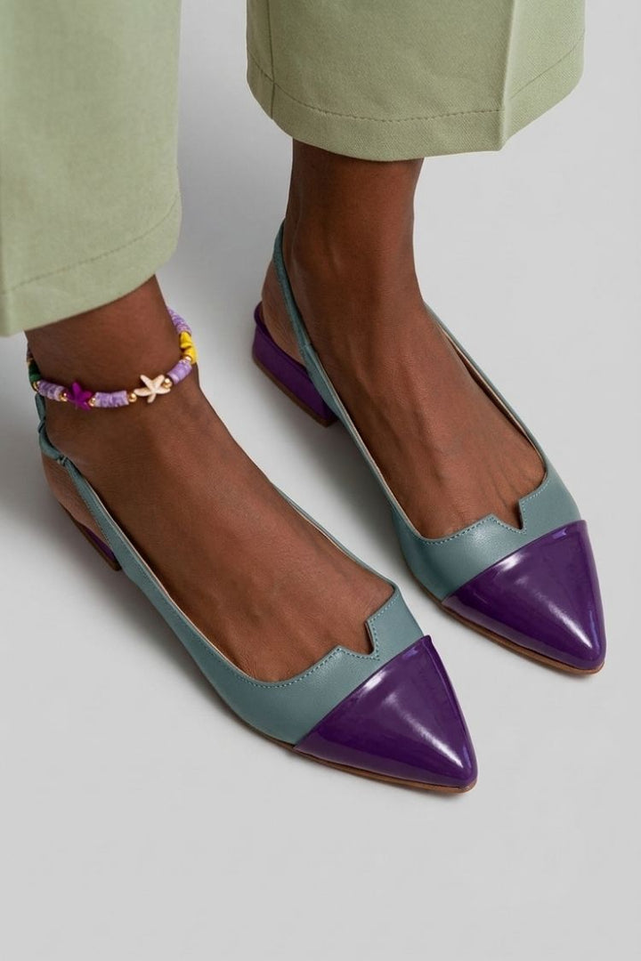 Pointed toe colour block cut-out slingback ballerinas with buckle