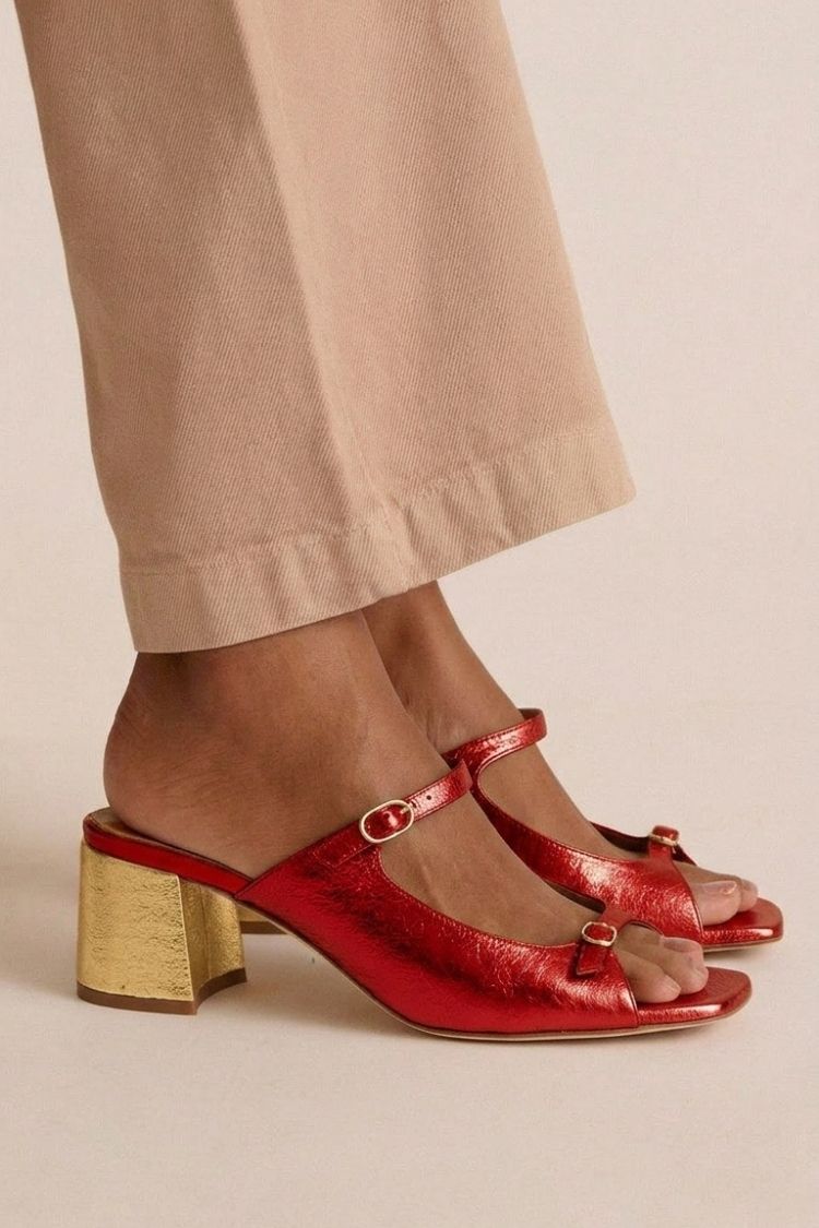 Wide Heel Slingback Cut-Out Colour Block Gold