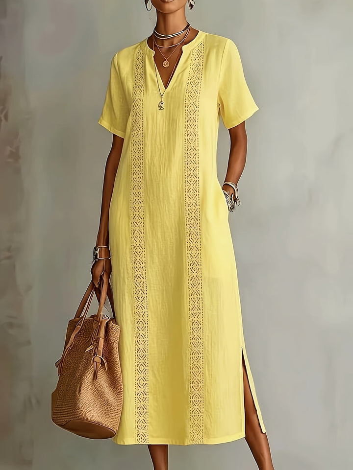 Elegant vintage lace dress for women with V-neck, loose fit, solid colour ZLLZ