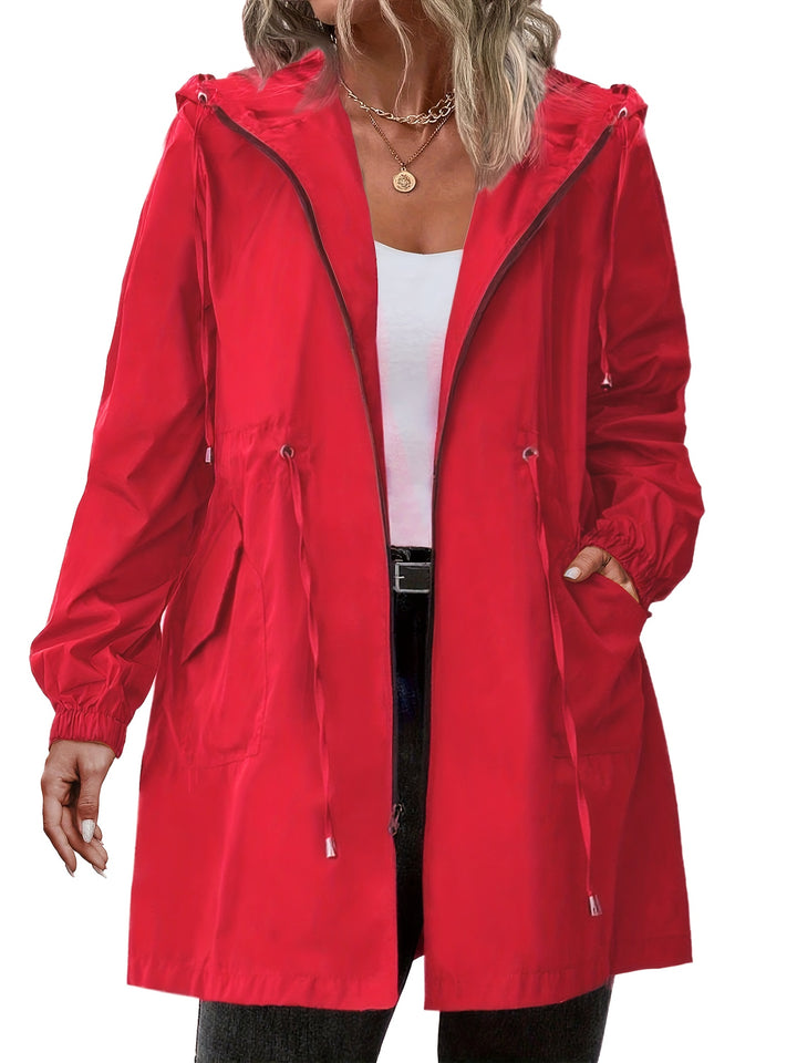 Lightweight hooded zip jacket in red with black trim, drawstring waist, and front pockets
