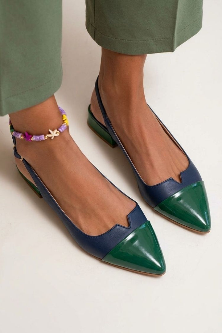 Pointed toe colour block cut-out slingback ballerinas with buckle