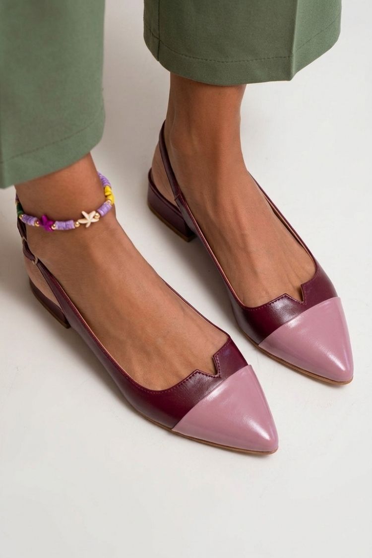 Pointed toe colour block cut-out slingback ballerinas with buckle