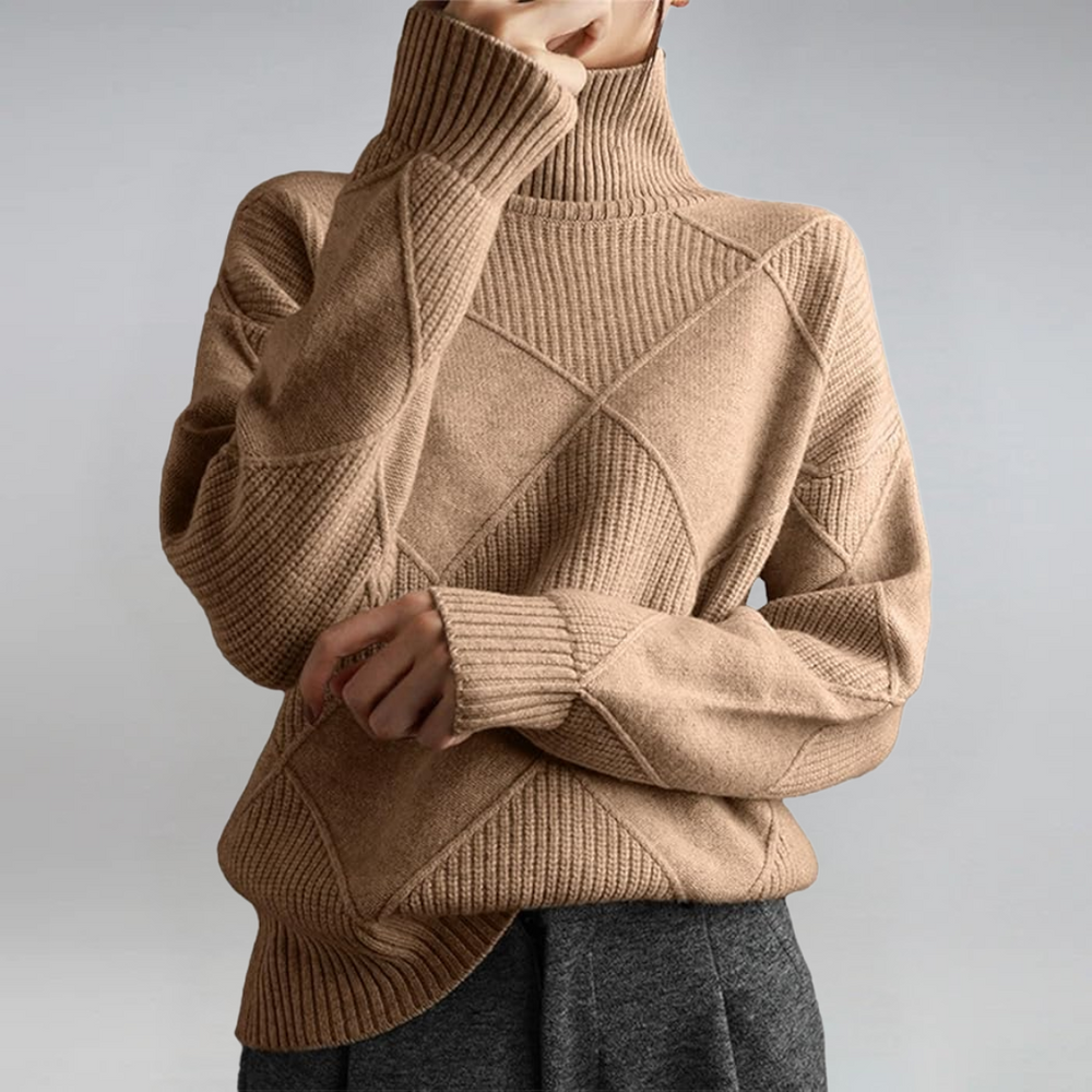 Brown ribbed turtleneck sweater with diamond seam detail and long sleeves