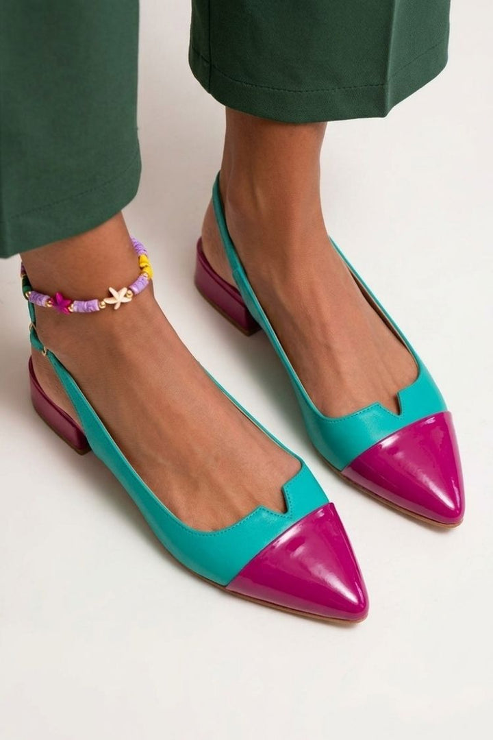 Pointed toe colour block cut-out slingback ballerinas with buckle