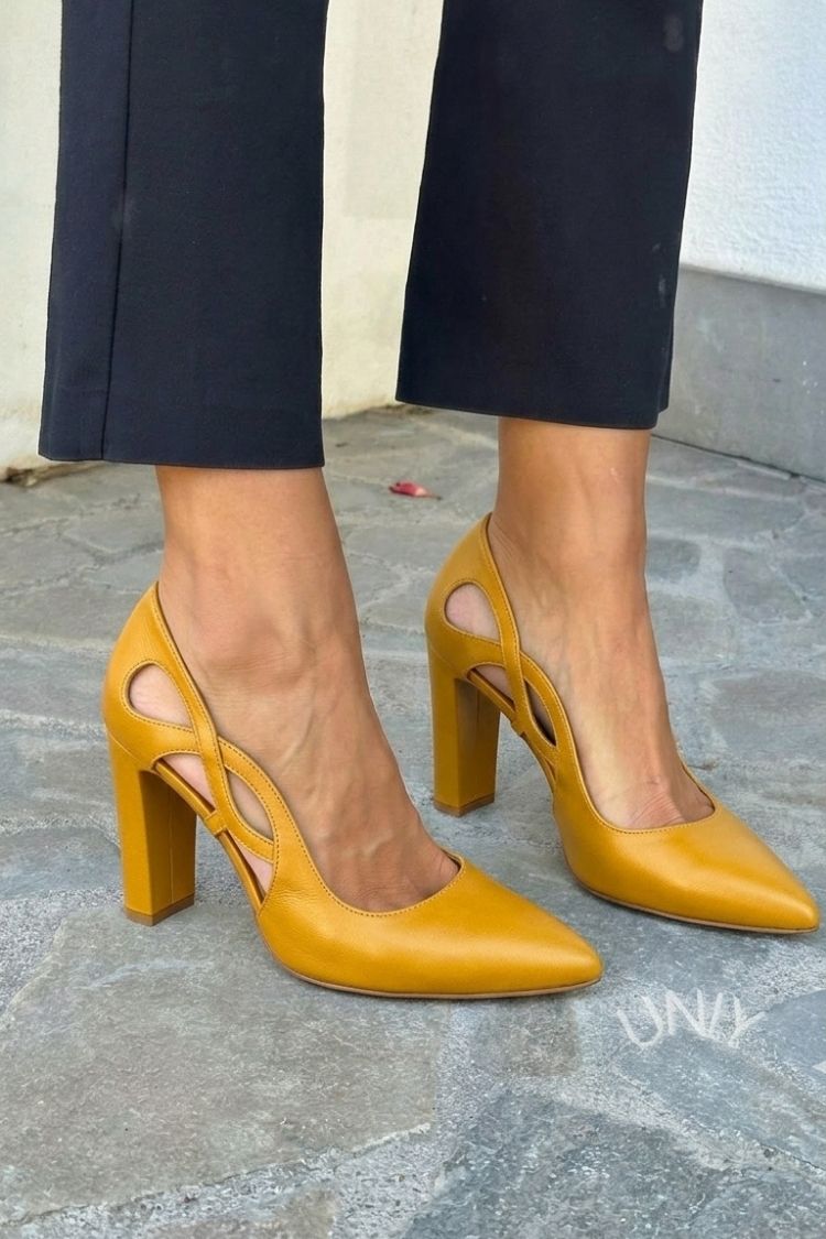 Pointed cut-out court shoes in eco-leather with block heel