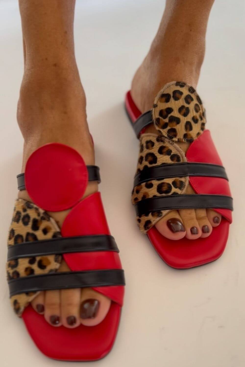 Red leopard print colour block square toe slippers