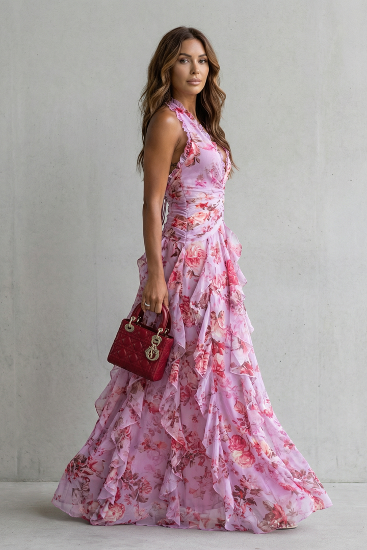 Belladina | Romantic Rose Cascade Long Dress with American Neckline