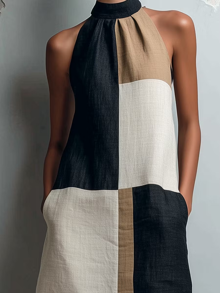 Colorblock halter mini dress with dark front panel and light side panels