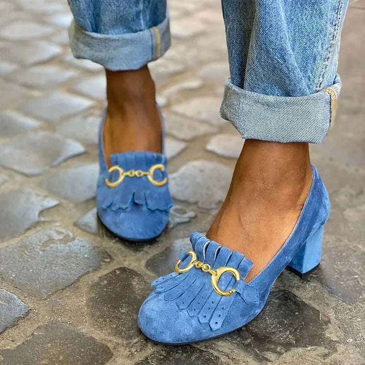 Wide matte round toe heels with buckle and fringes