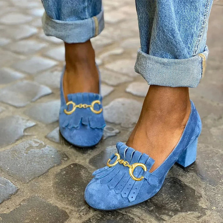 Wide matte round toe heels with buckle and fringes