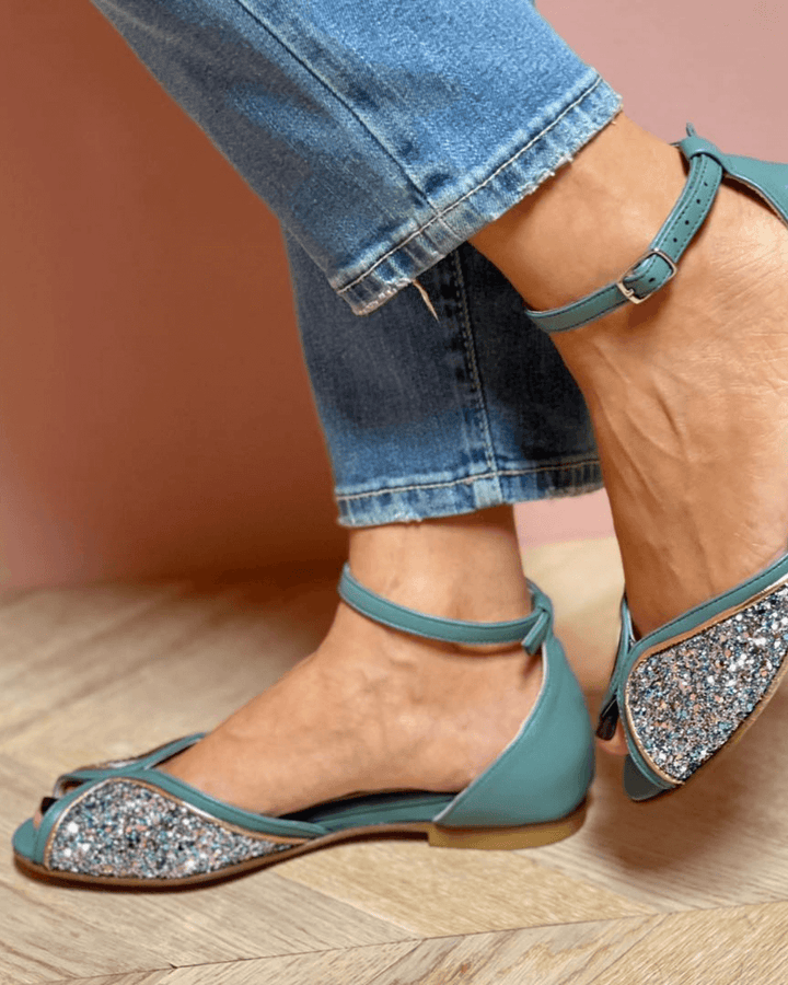 Glitter Patchwork Peep Toe Sandals with Ankle Strap and Buckle
