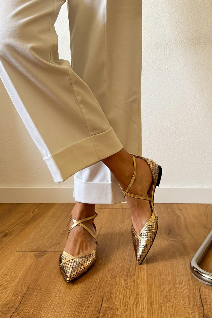 Metallic Gold Pointed Ballet Flats with Buckle and Crossed Straps