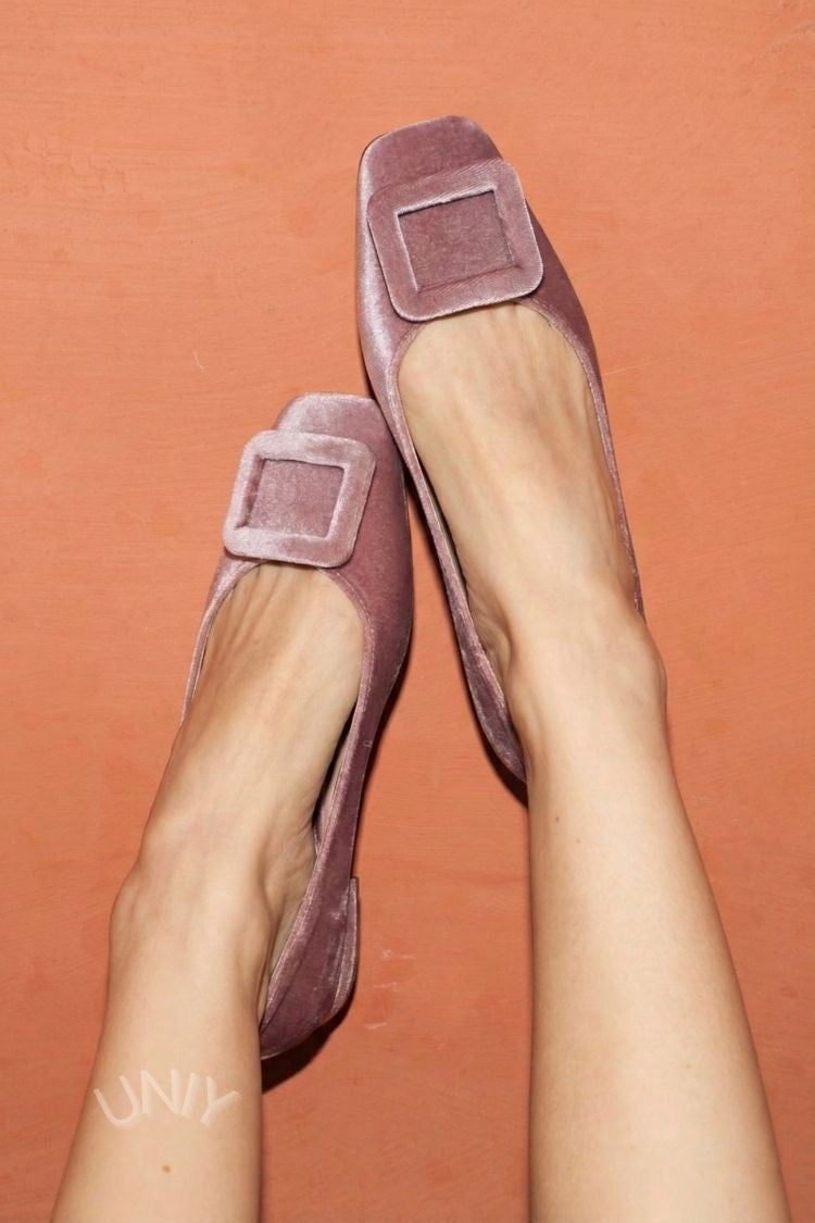 Square Toe Velvet Ballerinas with Buckle
