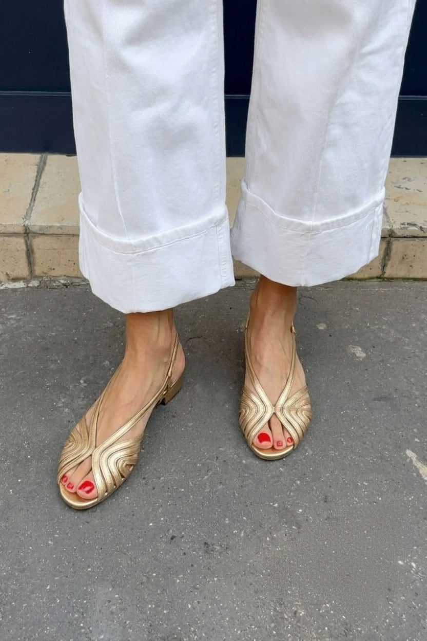 Metallic Gold Round Toe Slingback Sandals with Straps