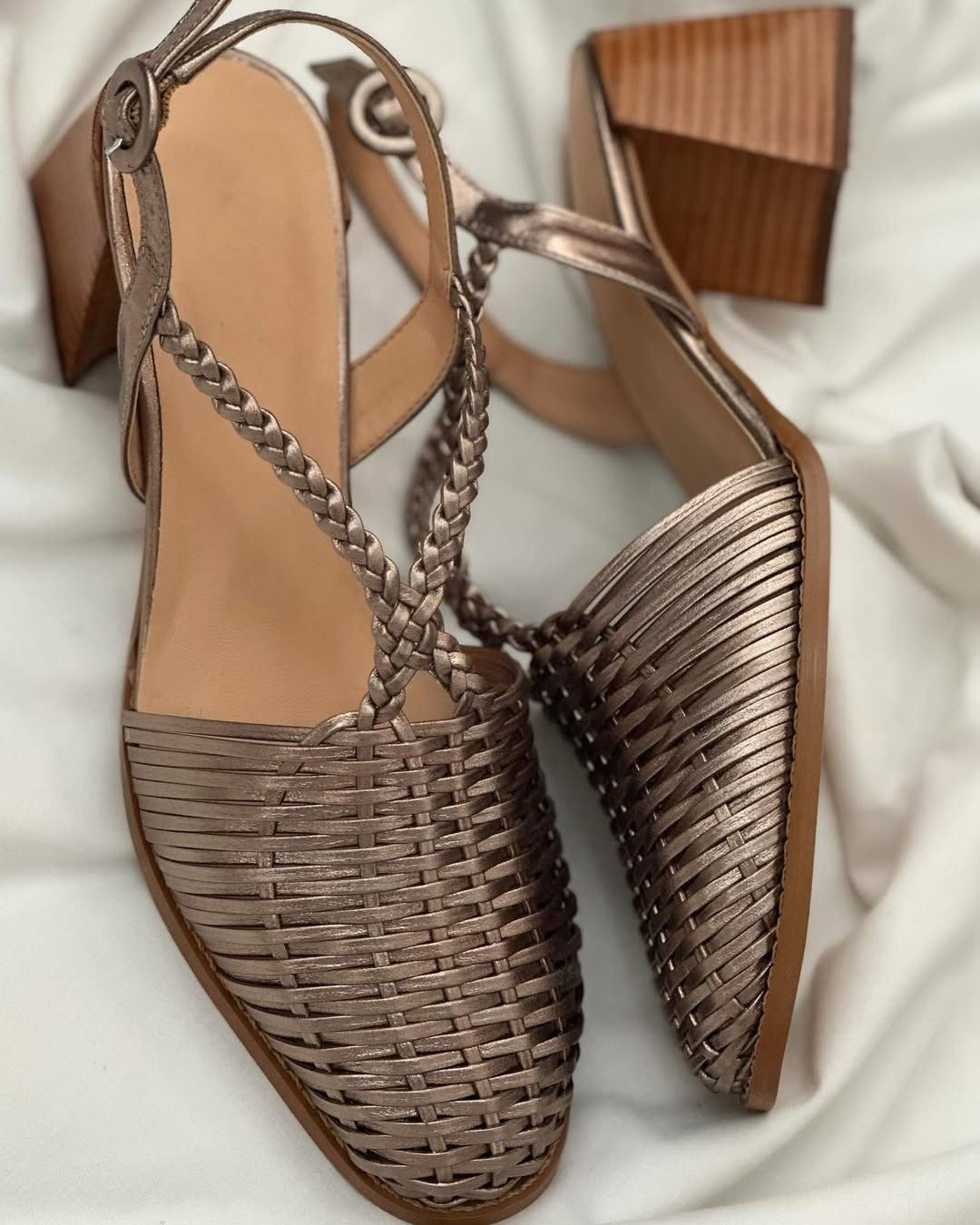 Champagne Metallic Pointed Block Heels with Straps