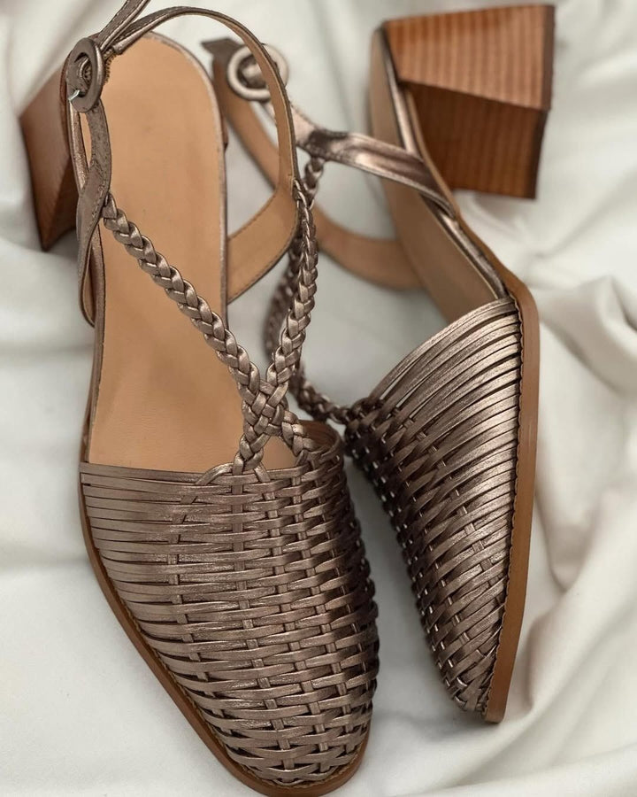 Champagne Metallic Pointed Block Heels with Straps