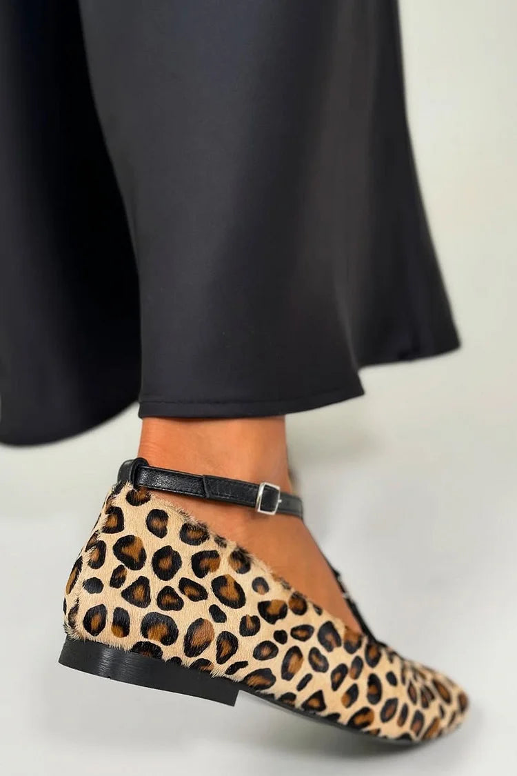 Beige Colour Block Leopard Print Ballerinas with Buckle and T-Strap [Pre-Order]