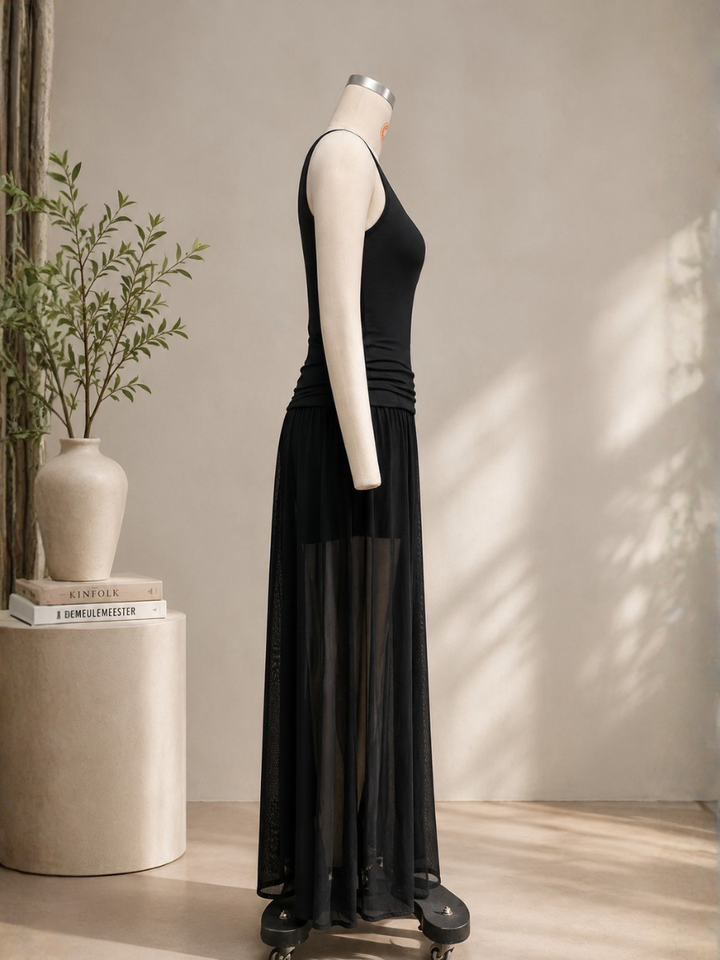 Black Sleeveless Tank Top With Tulle Skirt Maxi Dress (without belt)