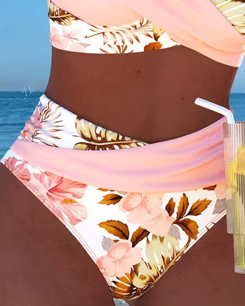Floral high-waist bikini bottoms with pink contrast side band