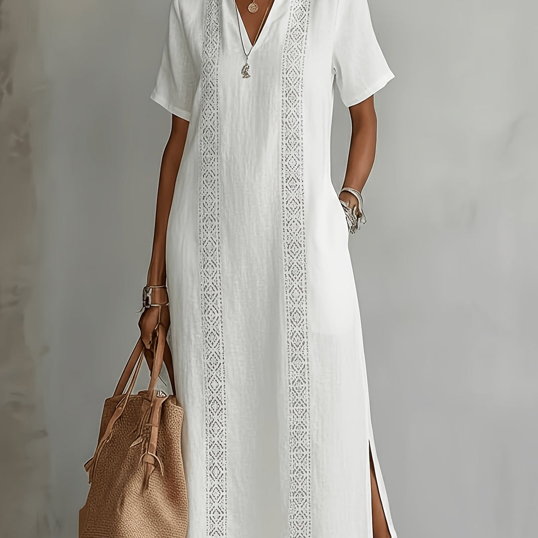 Elegant vintage lace dress for women with V-neck, loose fit, solid colour ZLLZ