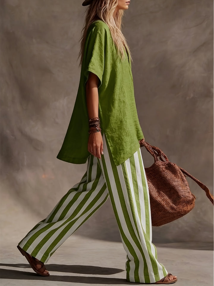 Ines | V-Neck Top & Striped Wide-Leg Trousers Set