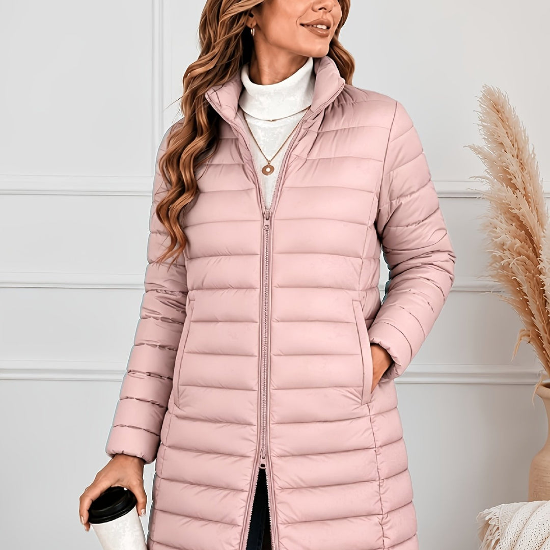 Light pink lightweight quilted coat with stand collar and double front zips