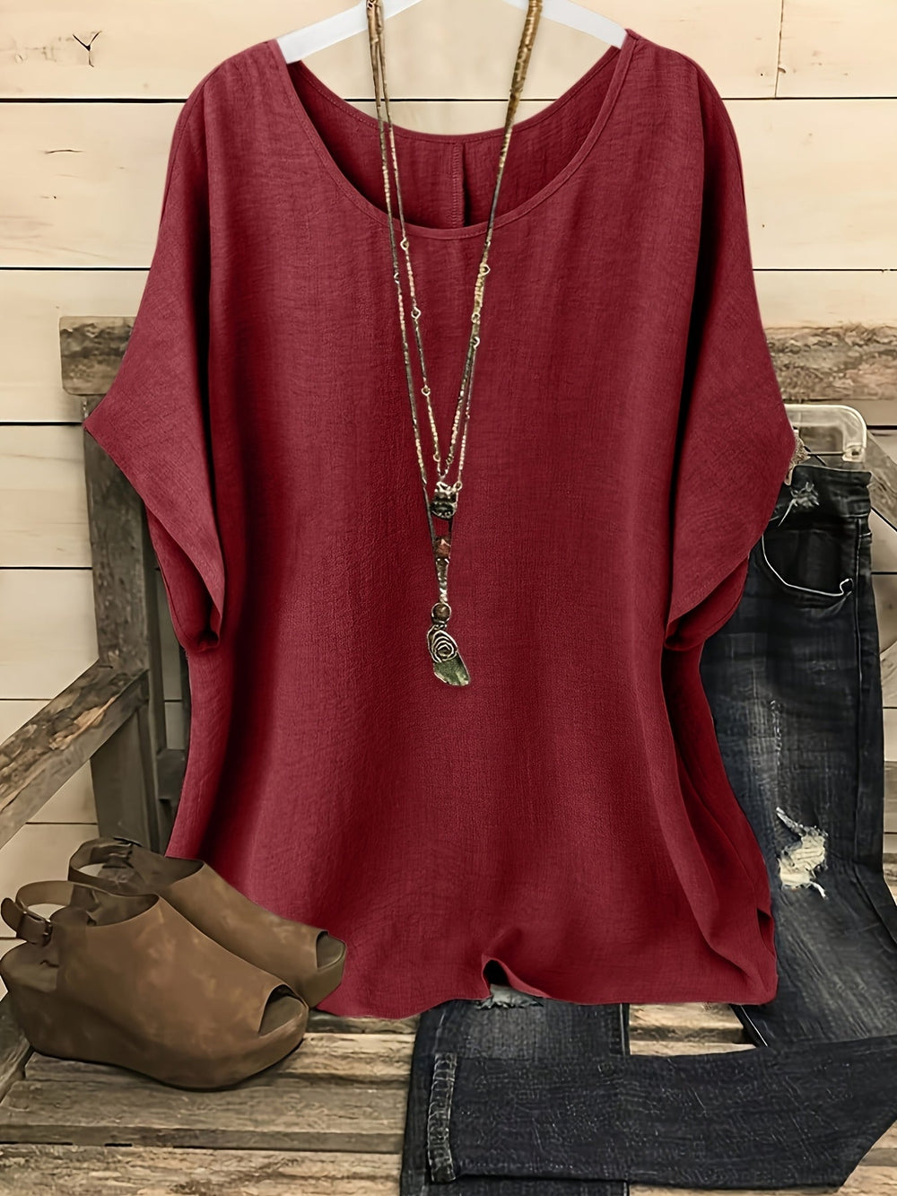 Sienna™ Effortless Summer Top, loose scoop-neck with dolman sleeves, burgundy red