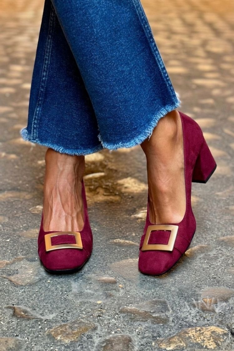 Wide Patchwork Navy Blue Square Toe Heels