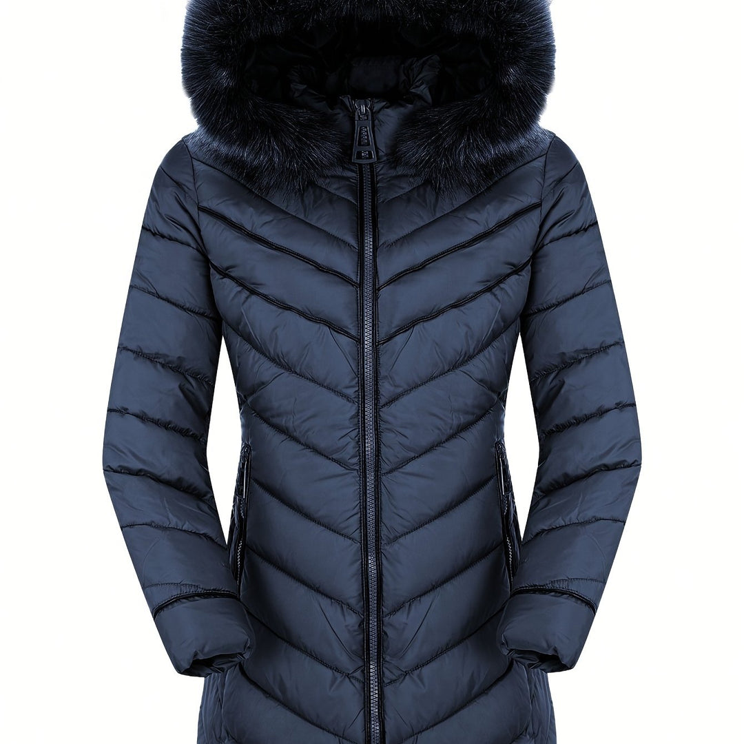 Slim-fit hooded faux-fur puffer coat in blue, full-zip front, side pockets, long sleeves