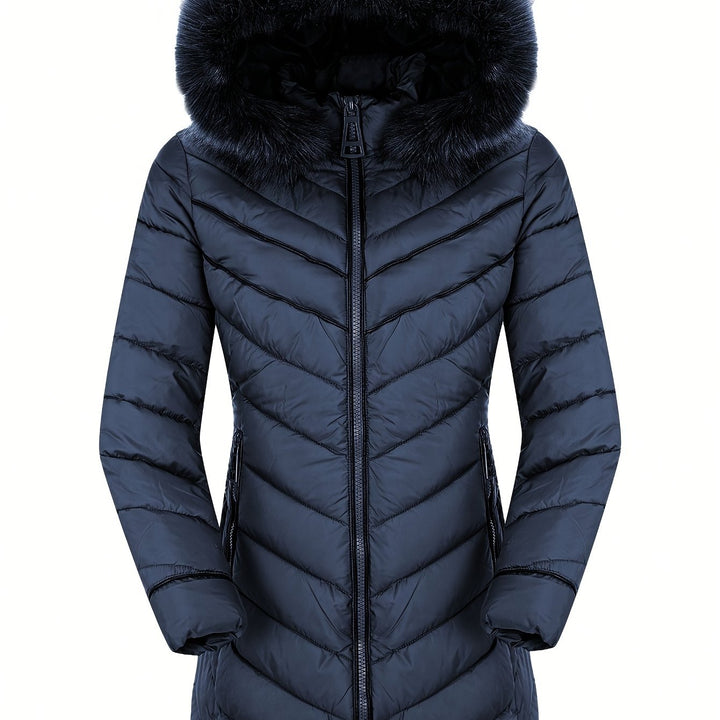 Slim-fit hooded faux-fur puffer coat in blue, full-zip front, side pockets, long sleeves