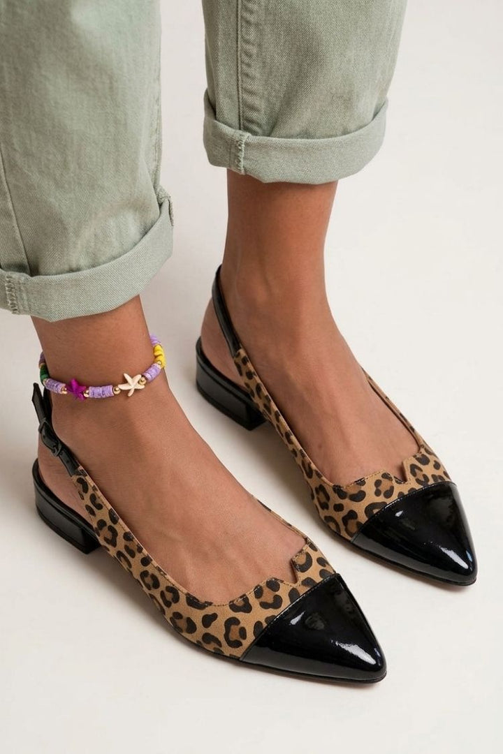 Pointed toe colour block cut-out slingback ballerinas with buckle