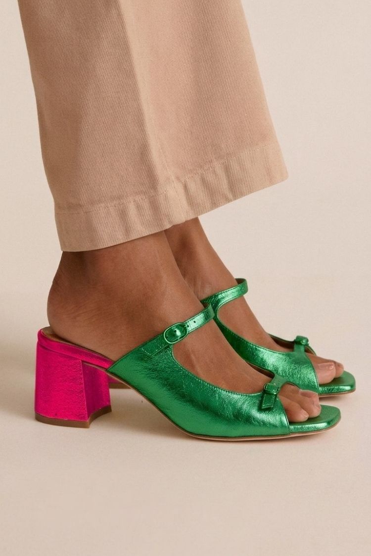 Wide Heel Slingback Cut-Out Colour Block Gold