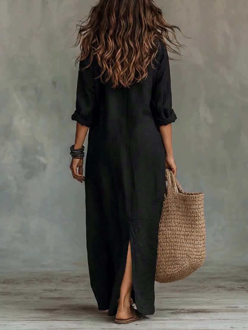 New Spring/Summer Plain Coloured Pullover-Collar Long Dress with Half-Open Collar and Slits at the Front and Back, Casual Shirt Dress in a Relaxed Style, Suitable for Leisure, Travel, Beach, and Daily Use in Spring/Summer, Machine Washable