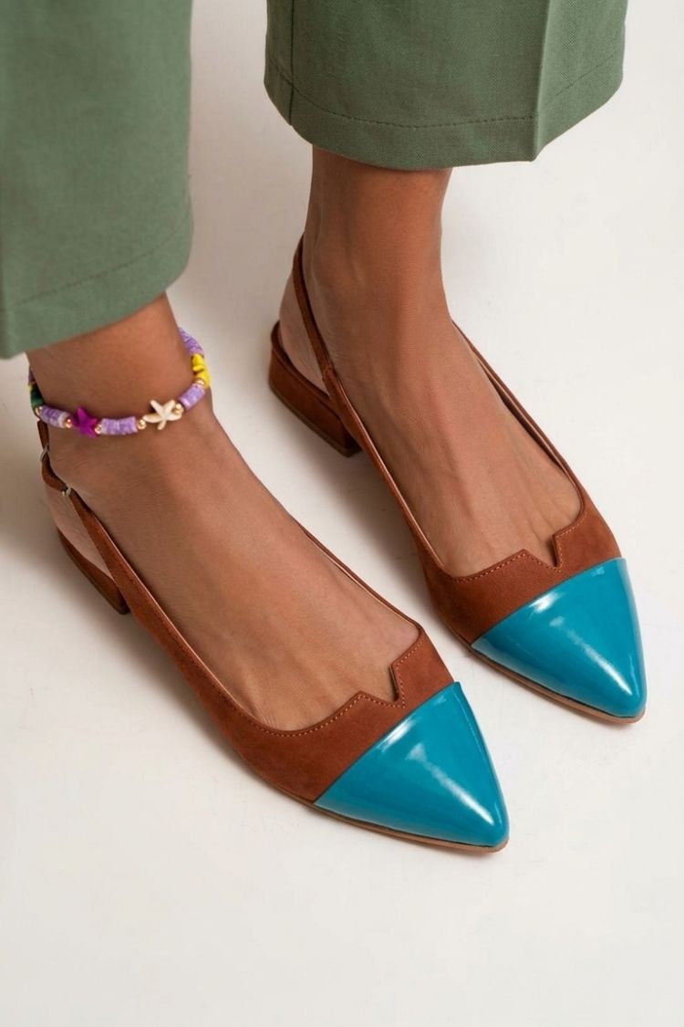 Pointed toe colour block cut-out slingback ballerinas with buckle